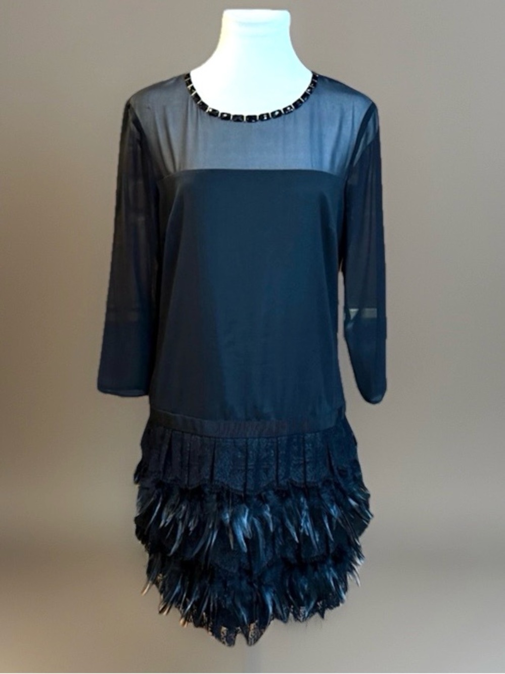 DKNY Donna Karin New York Runway 2012 Black Lace Feather Tiered Cocktail Dress
